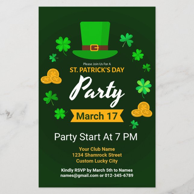 Custom Saint Patrick's Day Club Party Event Flyer (Front)