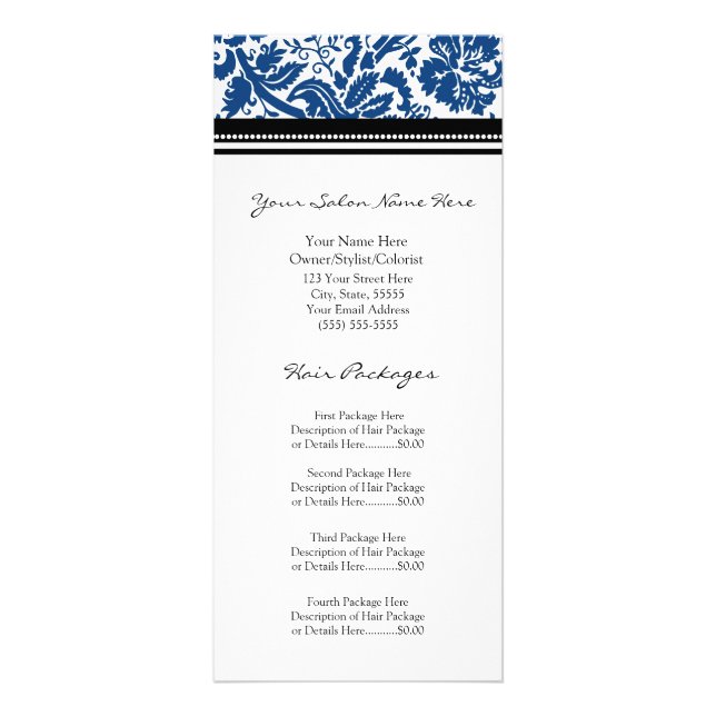 Custom Salon Rack Cards Blue Black Damask (Front)