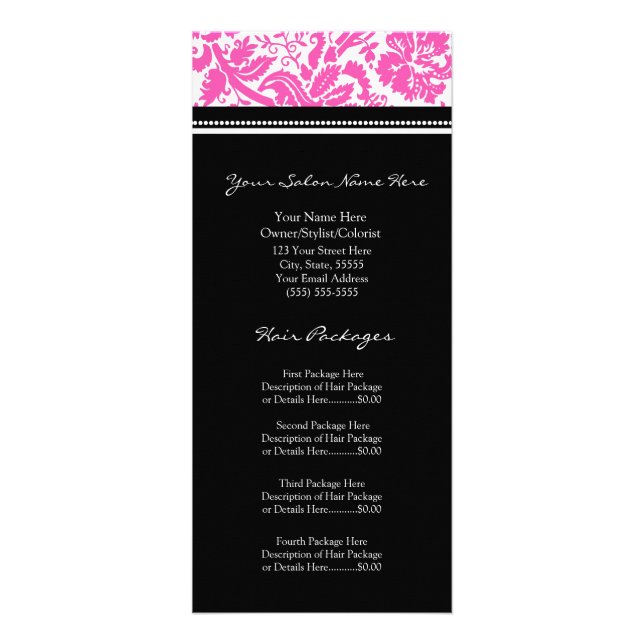 Custom Salon Rack Cards Pink Black Damask (Front)