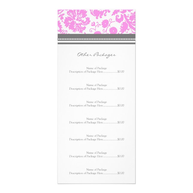 Custom Salon Rack Cards Pink Grey Damask (Back)