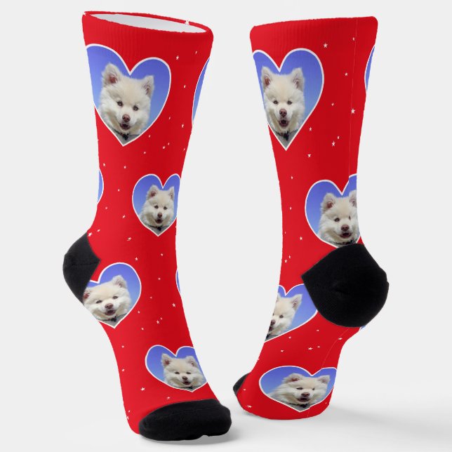 Custom Samoyed Dog Photo on Red Crew Socks (Angled)