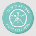 Custom sand dollar beach shell large round fridge magnet<br><div class="desc">Custom sand dollar beach shell large round fridge magnet. Vintage design with personalised text template. Create magnets for summer wedding,  Christmas in July,  family reunion and other occasions. Teal blue or custom background colour. Rustic design and typography.</div>