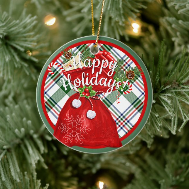 Custom Santa Gift Bag On Red Green Plaid Pattern Ceramic Ornament (Tree)