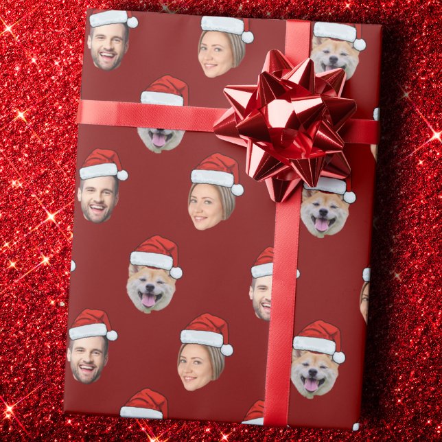 Custom Santa Hat Face 3 Photos Wrapping Paper (Creator Uploaded)