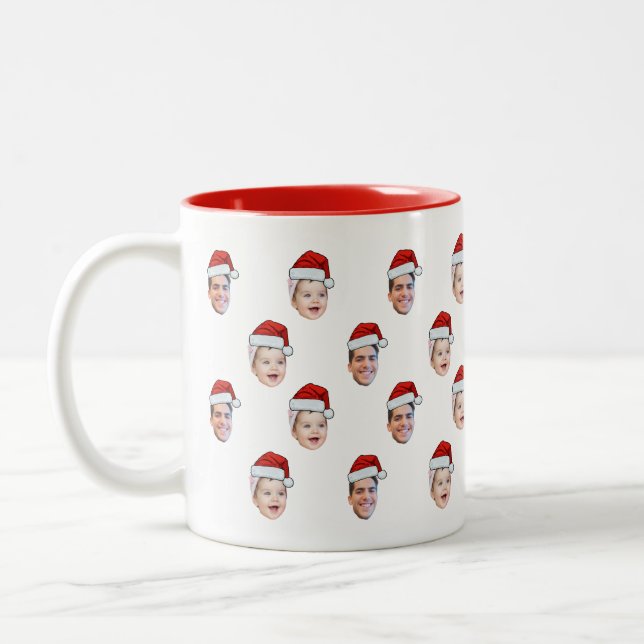 Custom Santa Hat Face Christmas Gift 2 Photos Two-Tone Coffee Mug (Left)