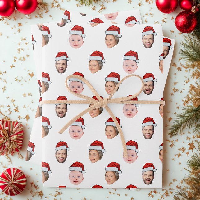 Custom Santa Hat Face Christmas Gift 3 Photos Wrapping Paper Sheet (Creator Uploaded)