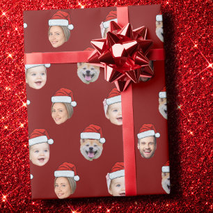 Custom Santa Hat Family Face 4 Photos Christmas Wrapping Paper