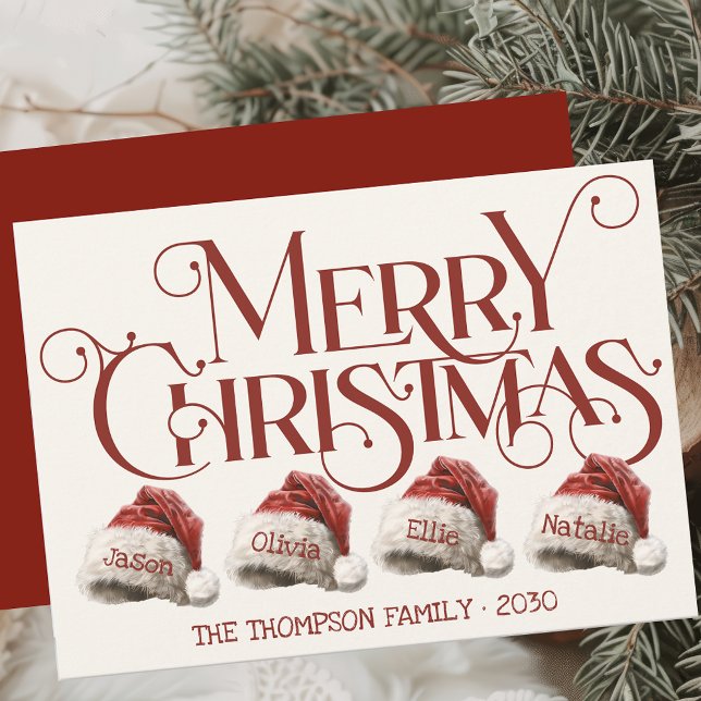Custom Santa Hat Family Of 4 Red Merry Christmas Holiday Card (Creator Uploaded)