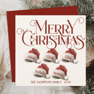 Custom Santa Hat Family Of 5 Red Merry Christmas Holiday Card