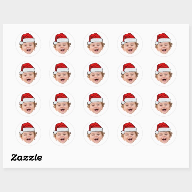 Custom Santa Hat Stickers, Face Photo Christmas Classic Round Sticker (Sheet)