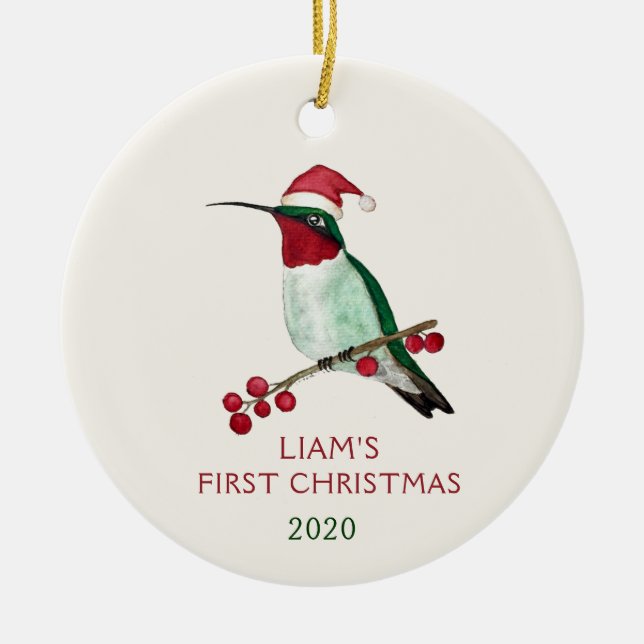 Custom Santa Hummingbird Ceramic Ornament (Front)