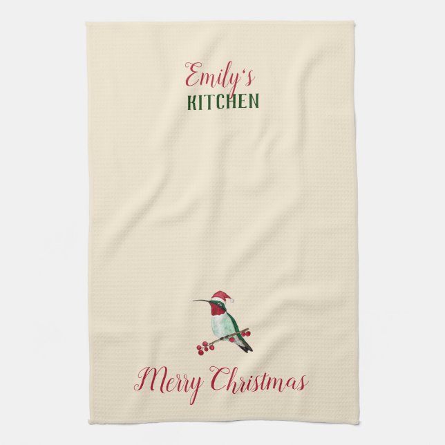 Custom Santa Hummingbird Tea Towel (Vertical)