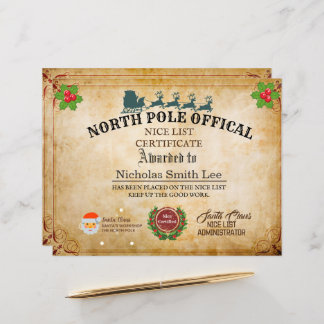 Custom Santa Officials Nice List Christmas Cert