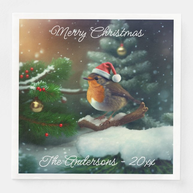 Custom Santa Robin on a Christmas Tree Napkins (Front)
