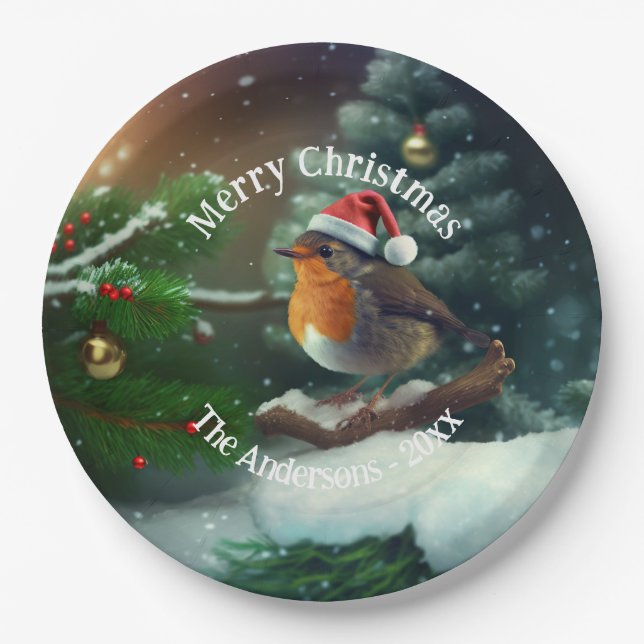 Custom Santa Robin on a Christmas Tree Napkins Paper Plate (Front)