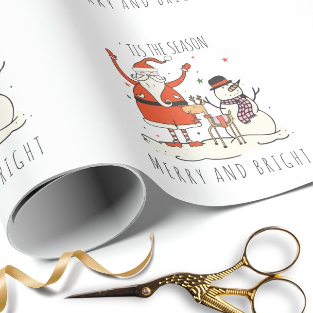 Custom Santa Snowman Reindeer Merry And Bright  Wrapping Paper (Creator Uploaded)