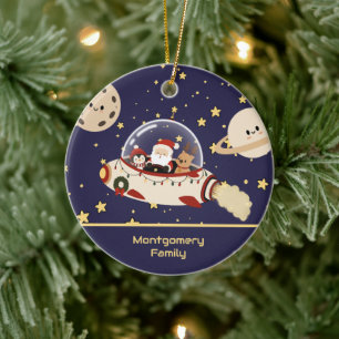 Custom Santa Spaceship Christmas Ceramic Ornament