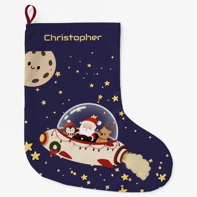 Custom Santa Spaceship Christmas Large Christmas Stocking (Front)