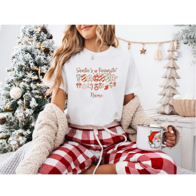 Custom Santa's Favourite Teacher Retro Christmas T-Shirt (Creator Uploaded)