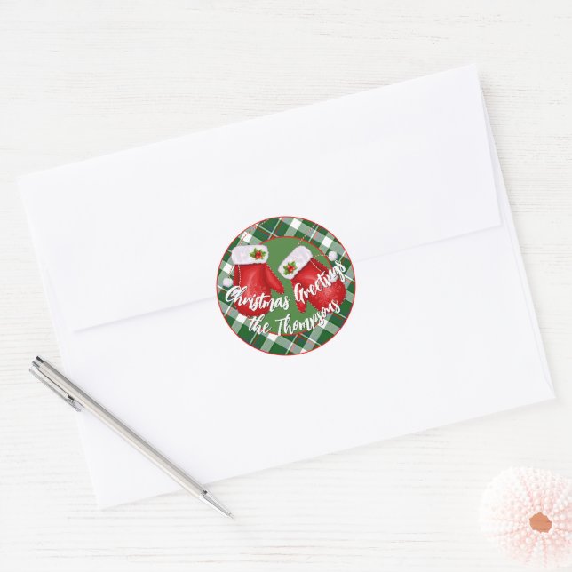 Custom Santas Mittens On Red Green Plaid Pattern Classic Round Sticker (Envelope)