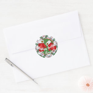 Custom Santas Mittens On Red Green Plaid Pattern Classic Round Sticker