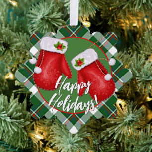 Custom Santas Mittens On Red Green Plaid Pattern Tree Decoration Card