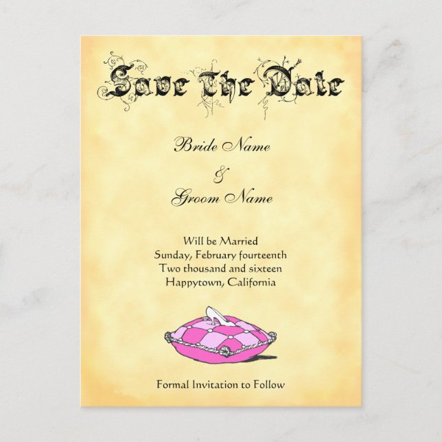 Custom Save the Date Cinderella Slipper on Pink Announcement Postcard (Front)