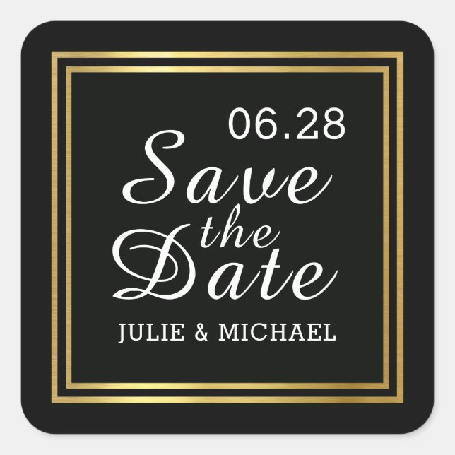 custom save the date on black wedding  square sticker (Front)