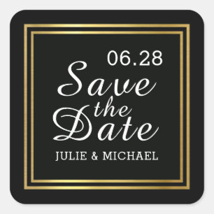 custom save the date on black wedding square sticker