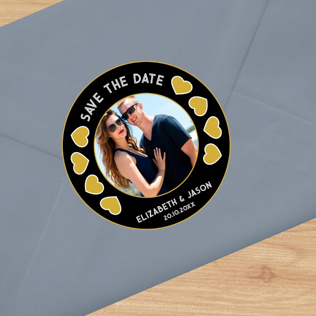 Custom Save the Date Photo and Hearts Classic Round Sticker (Custom Save the Date Photo and Hearts Classic Round Sticker)