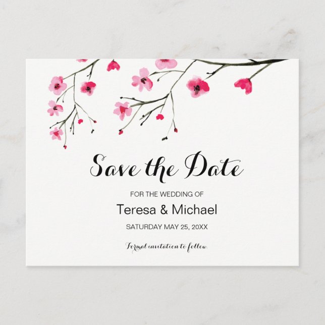 Custom, Save the Date, Watercolor cherry blossoms Announcement Postcard (Front)