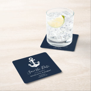 Custom Save the Date Wedding Navy Blue Anchor Square Paper Coaster