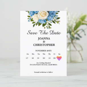 Custom Save the Date with Blue and White Roses