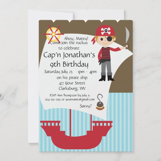 Custom Savvy Pirate Birthday Party Invitation (Front)