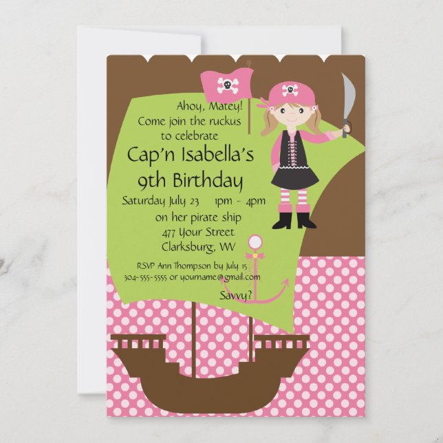 Custom Savvy Pirate Girl Birthday Party Invitation (Front)