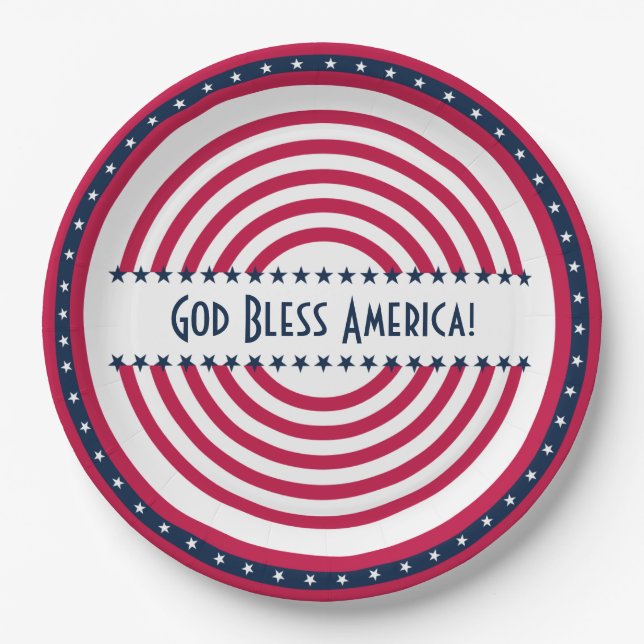 Custom Saying God Bless America Stars n Stripes Paper Plate (Front)