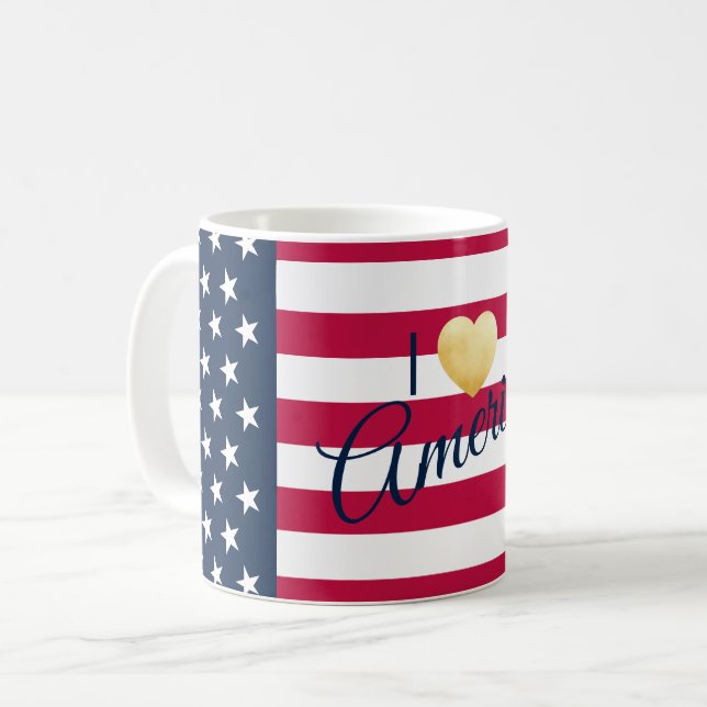 Custom Saying I Love America Stars Stripes Heart Coffee Mug (Front Left)
