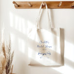 Custom Script Coquette Bow Blue Bridal Shower Tote Bag<br><div class="desc">This charming bridal shower tote bag is a perfect keepsake for guests and the bride-to-be. Featuring a delicate hand-drawn bow and elegant script,  it’s a stylish and practical favour for carrying essentials. Personalise it with the bride’s name and event date to create a thoughtful memento of the special day.</div>