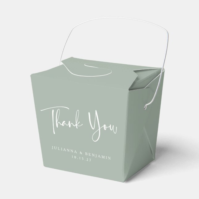 Custom Script Dusty Sage Simple Wedding Thank You Favour Box (Front Side)