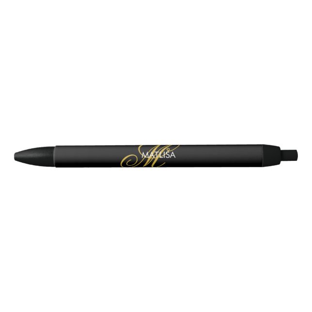 Custom Script Elegant Black Gold Monogram Name   Black Ink Pen (Front)