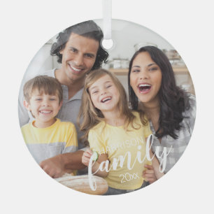 Custom Script FAMILY Photo Personalised Keepsake Glass Tree Decoration