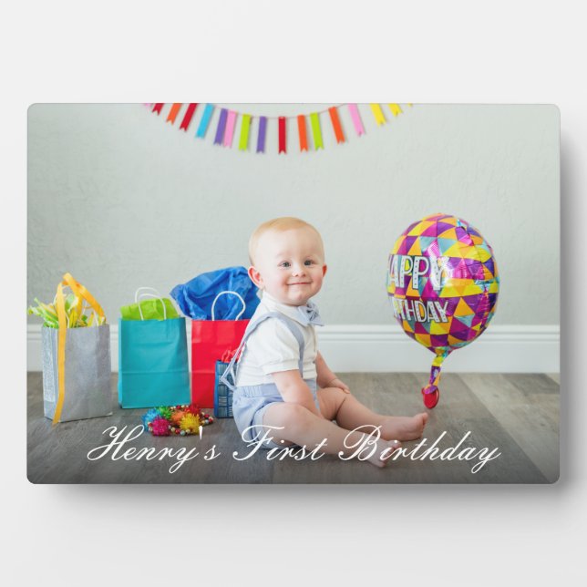 Custom Script First Birthday Baby Photo Plaque (Front)