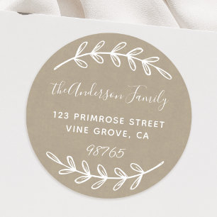 Custom Script Foliage Leaves Wreath Return Address Classic Round Sticker