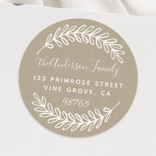 Custom Script Foliage Leaves Wreath Return Address Classic Round Sticker
