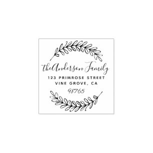 Custom Script Foliage Leaves Wreath Return Address Rubber Stamp