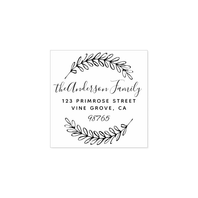 Custom Script Foliage Leaves Wreath Return Address Rubber Stamp (Imprint)