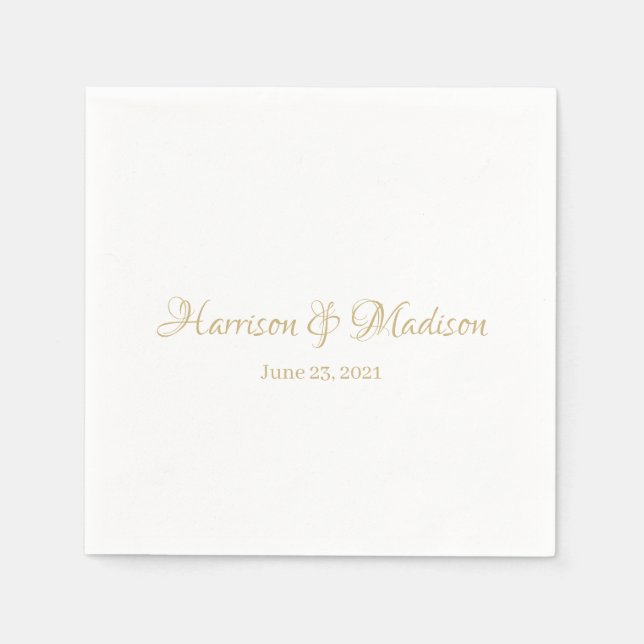Custom script gold Names and Date Wedding paper Napkin (Front)