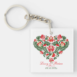 Custom Script Hungarian Matyo Folk Abstract Heart Key Ring