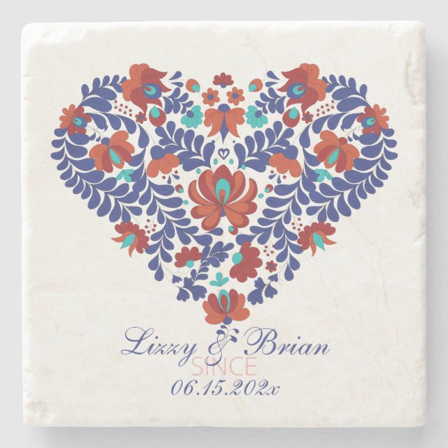 Custom Script Hungarian Matyo Folk Abstract Heart  Stone Coaster (Front)