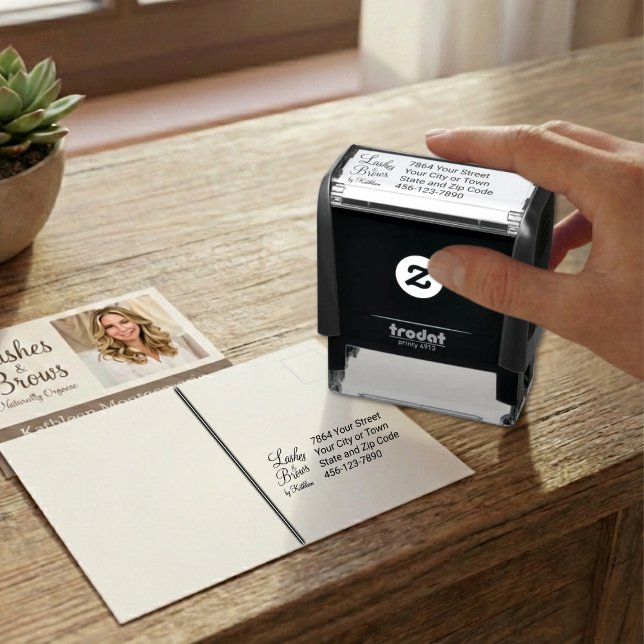 Custom Script Lash Brow Studio Name Address Phone Self-inking Stamp (Creator Uploaded)
